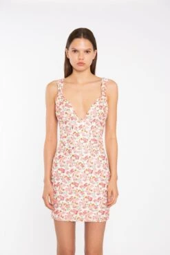Glamorous Pink Multi-Floral Lace Ruched-Bus Corset Mini-Dress