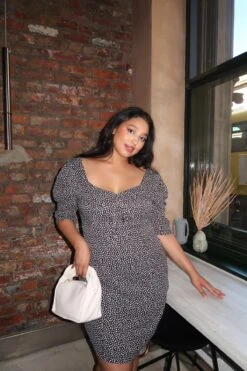 Glamorous Black Dalmatian-Spot Midi-Dress