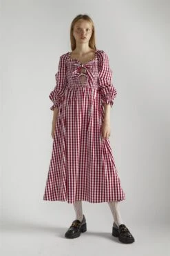 Glamorous Cherry-Red-Gingham Front-Tie-V-Neck Midaxi-Dress
