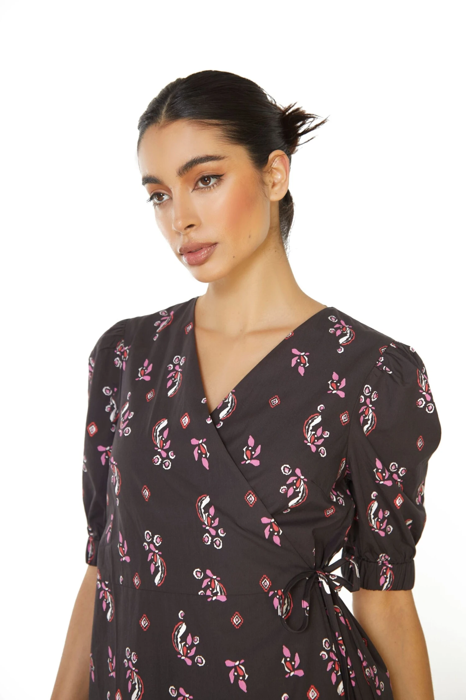 Glamorous Black Pink Motif Wrap Midi Dress 4 Glamorous Black Pink Motif Wrap Midi Dress - Image 2