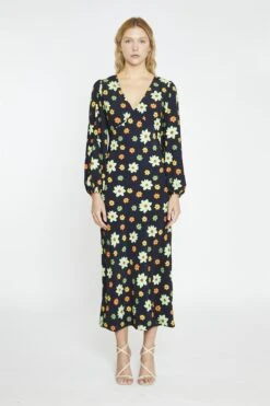 Glamorous Black-Green Flower V-Neck Maxi-Dress