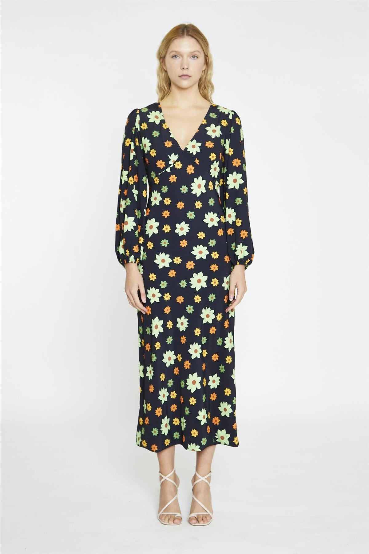 Glamorous Black-Green Flower V-Neck Maxi-Dress 3 Glamorous Black-Green Flower V-Neck Maxi-Dress