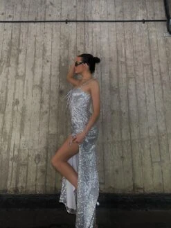 Glamorous Kylie Lace-Up Midaxi Dress - Silver -Glamorous Shop 18508b50 3438 4e78 a855 1a977b43f1b7