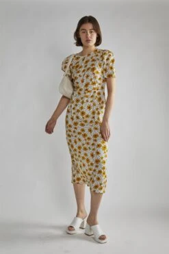 Glamorous Yellow-Floral-Black-Dot Short-Sleeve Midi-Dress