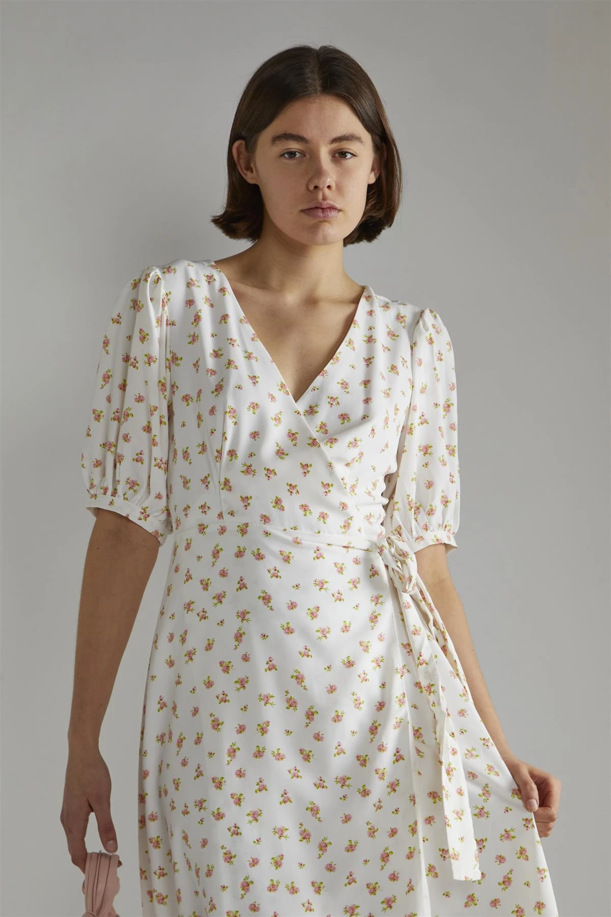 Glamorous White Pink Ditsy V-neck Wrap Midi-Dress 6 Glamorous White Pink Ditsy V-neck Wrap Midi-Dress - Image 4