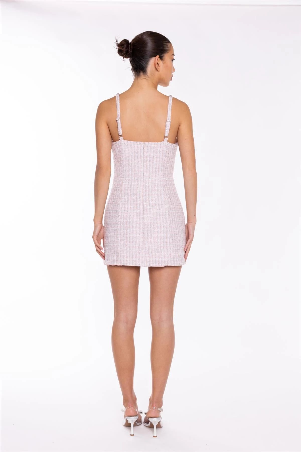 Glamorous Pink-White Tweed Diamante Trim Mini-Dress 4 Glamorous Pink-White Tweed Diamante Trim Mini-Dress - Image 2