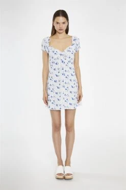 Glamorous Blue-Dot Vintage-Floral Gathered Neckline Mini-Dress