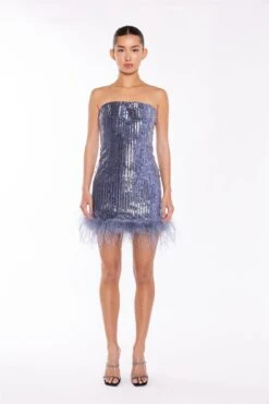Glamorous Blue-Sequin Feather-Hem Mini-Dress