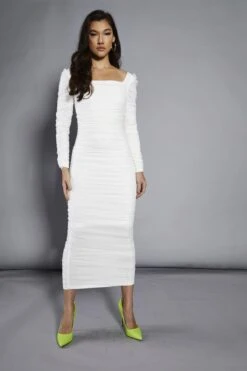 Glamorous White-Mesh Gathered Maxi-Dress