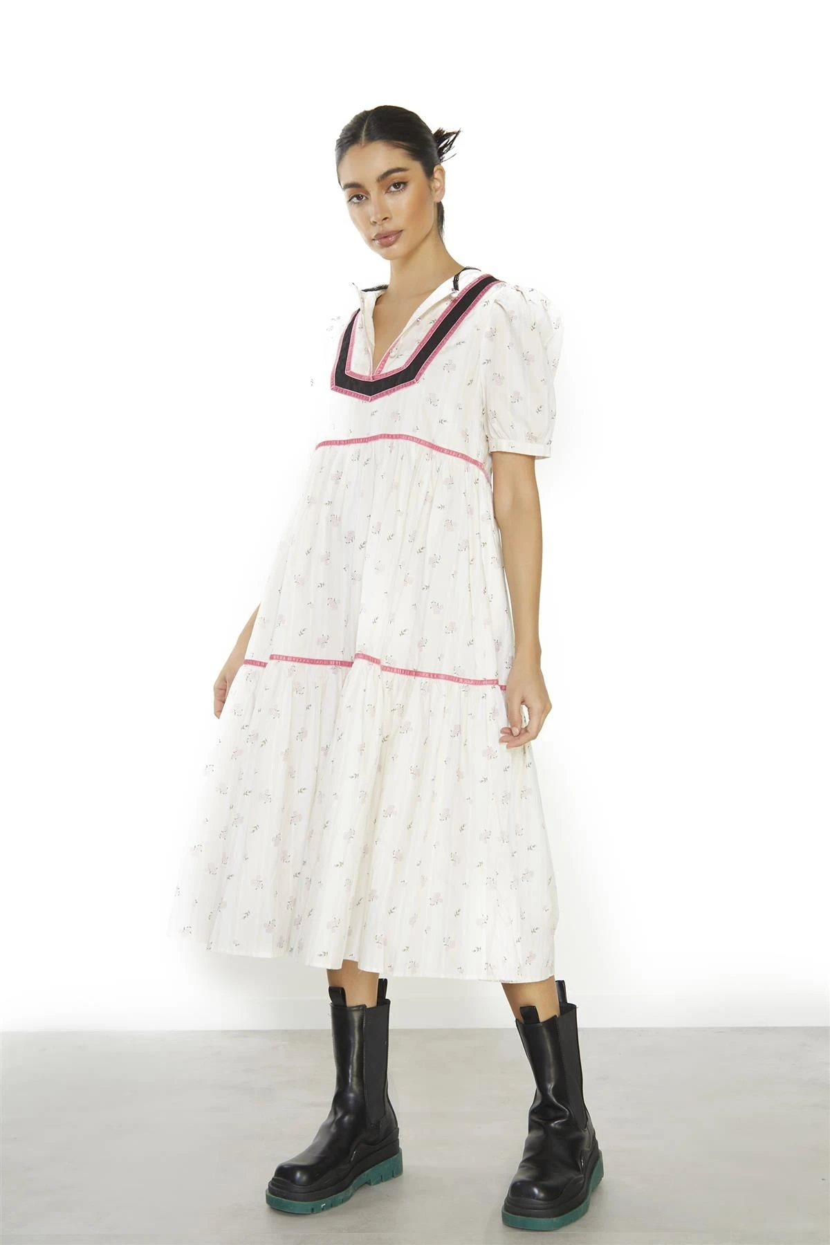 Glamorous Ditsy-Rose Stripe-Black Button-Front Shift Midi-Dress 3 Glamorous Ditsy-Rose Stripe-Black Button-Front Shift Midi-Dress