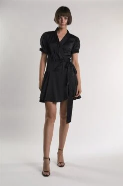 Glamorous Black-Sateen Crossover-Tie Mini-Dress