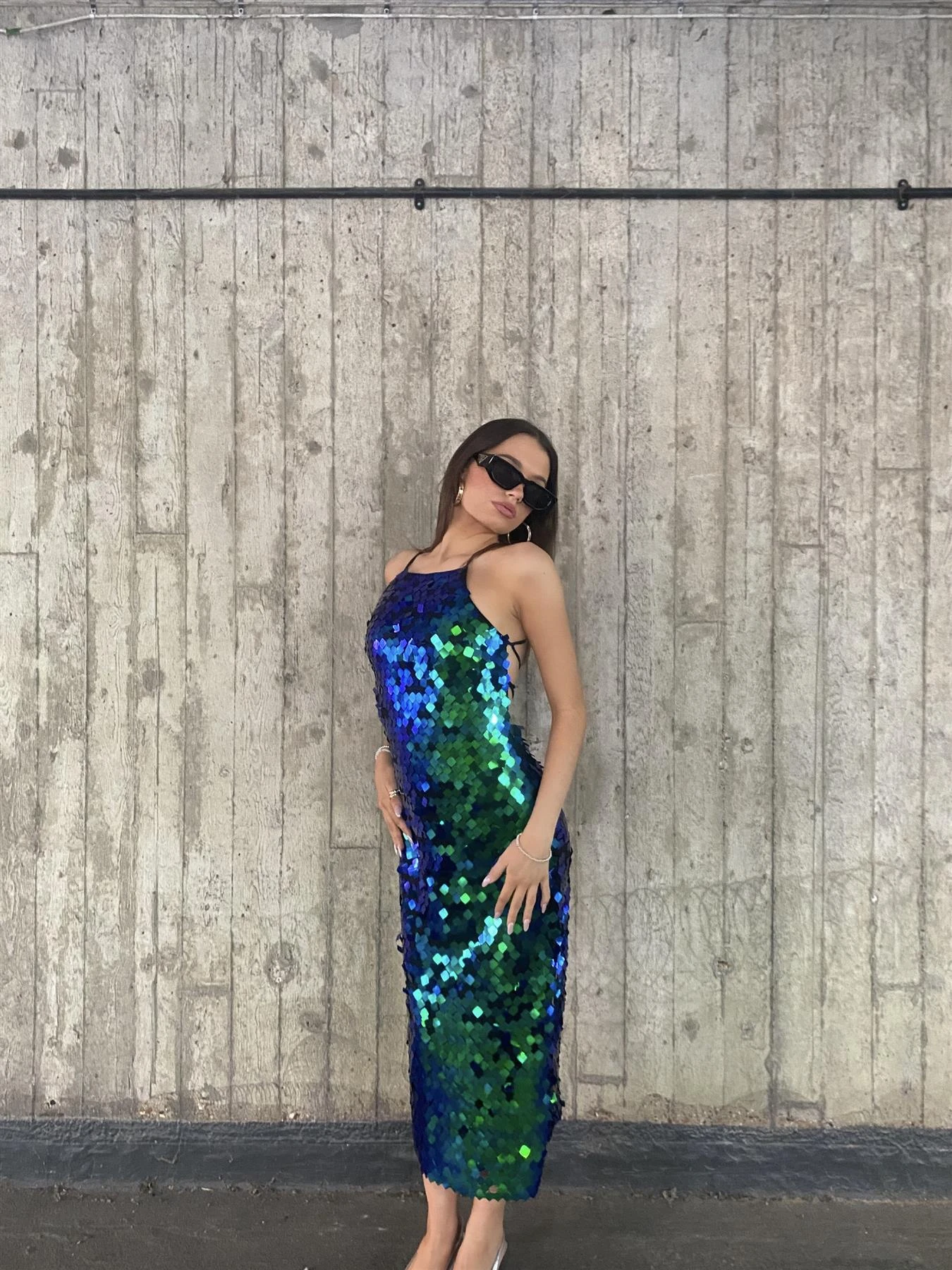 Glamorous Taylor Lace-Up Back Halterneck Midi Dress -Cobalt Sequin-Mix 8 Glamorous Taylor Lace-Up Back Halterneck Midi Dress -Cobalt Sequin-Mix - Image 6