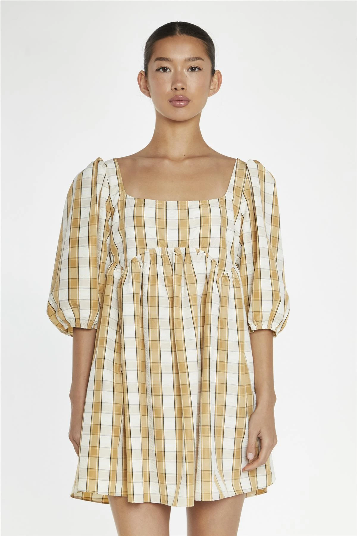 Glamorous Beige-Cream Check Square-Neck Smock Mini-Dress 5 Glamorous Beige-Cream Check Square-Neck Smock Mini-Dress - Image 3