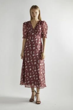 Glamorous Burgundy-Floral Organza V-Neck Midaxi-Dress