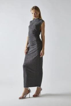 Glamorous Black-Silver Glitter Ruched Midaxi-Dress