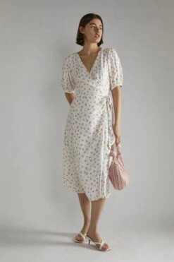 Glamorous White Pink Ditsy V-neck Wrap Midi-Dress