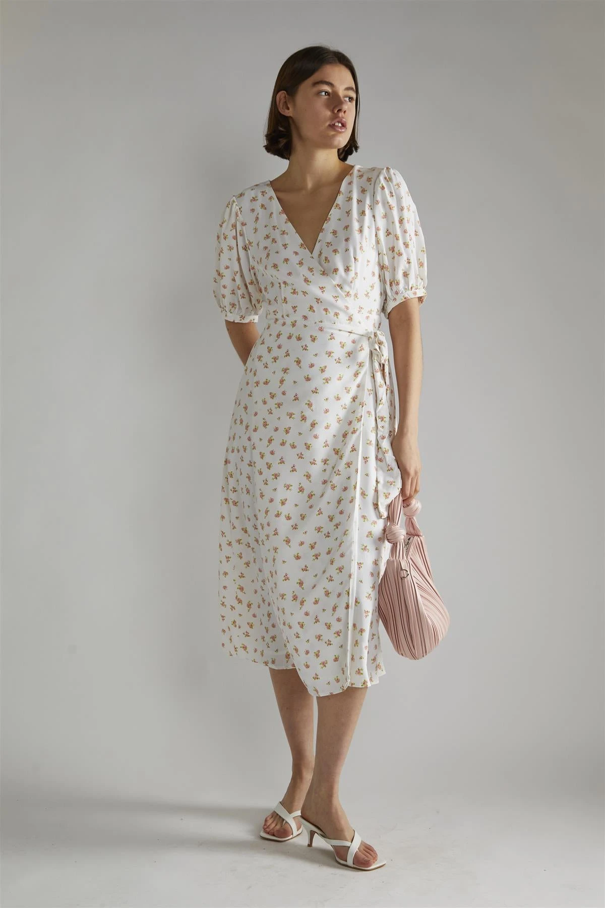 Glamorous White Pink Ditsy V-neck Wrap Midi-Dress 3 Glamorous White Pink Ditsy V-neck Wrap Midi-Dress