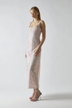 Glamorous Pink-Silver Sequin Square-Neck Bias-Cut Midaxi-Dress