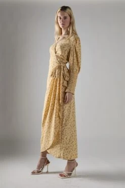 Glamorous Beige-Mustard-Ditsy Wrap Midi-Dress