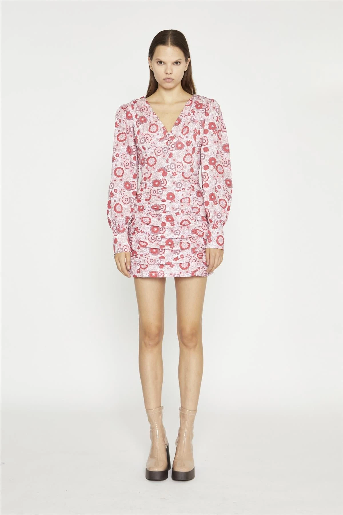 Glamorous Pink Red Vintage Floral V-Neck Mini-Dress 3 Glamorous Pink Red Vintage Floral V-Neck Mini-Dress