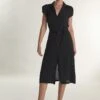 Glamorous Black Short-Sleeve-Button-Front-Wrap Midi-Dress