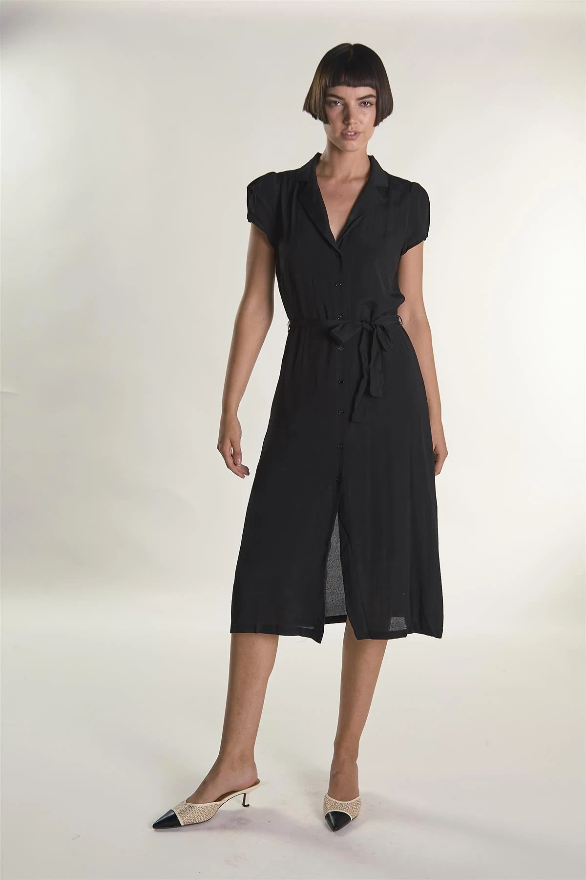 Glamorous Black Short-Sleeve-Button-Front-Wrap Midi-Dress 3 Glamorous Black Short-Sleeve-Button-Front-Wrap Midi-Dress