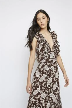 Glamorous Dark-Brown-Paisley Deep-V-Neck Maxi-Dress