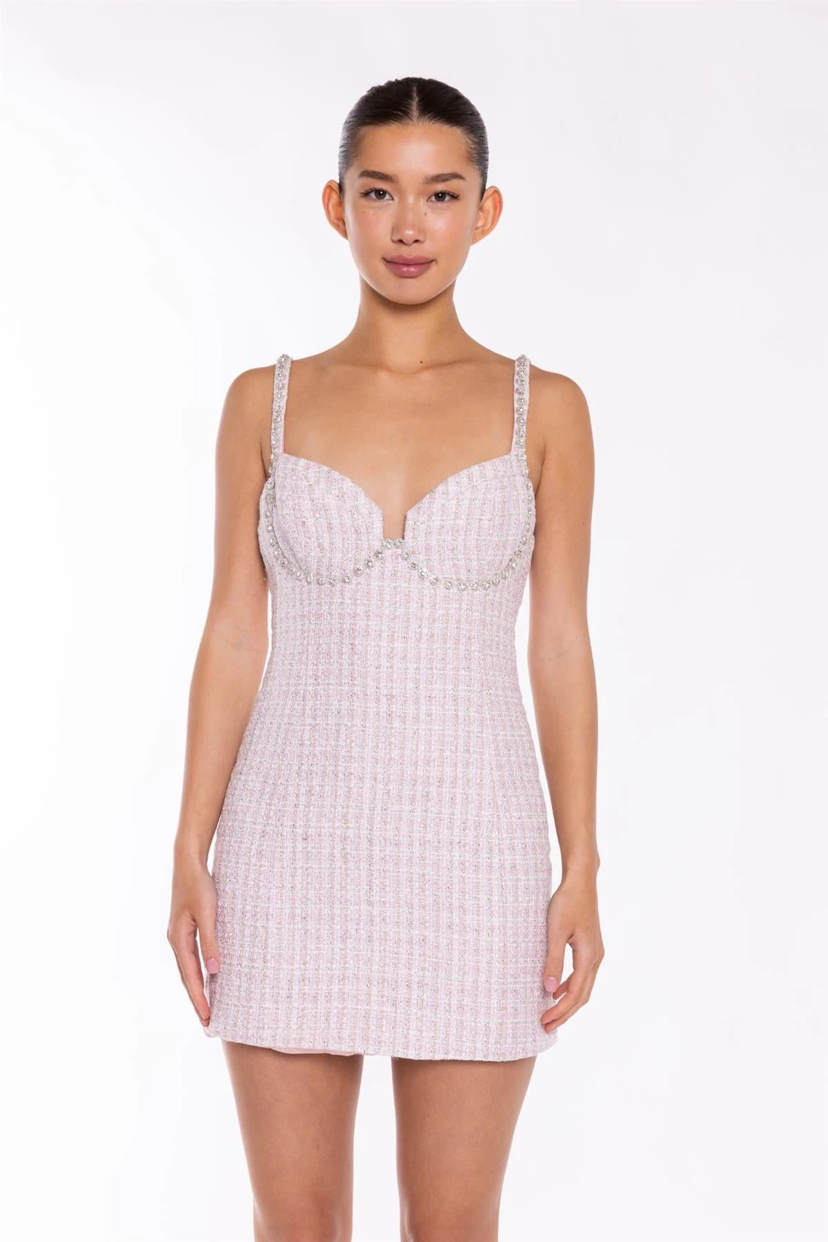 Glamorous Pink-White Tweed Diamante Trim Mini-Dress 5 Glamorous Pink-White Tweed Diamante Trim Mini-Dress - Image 3