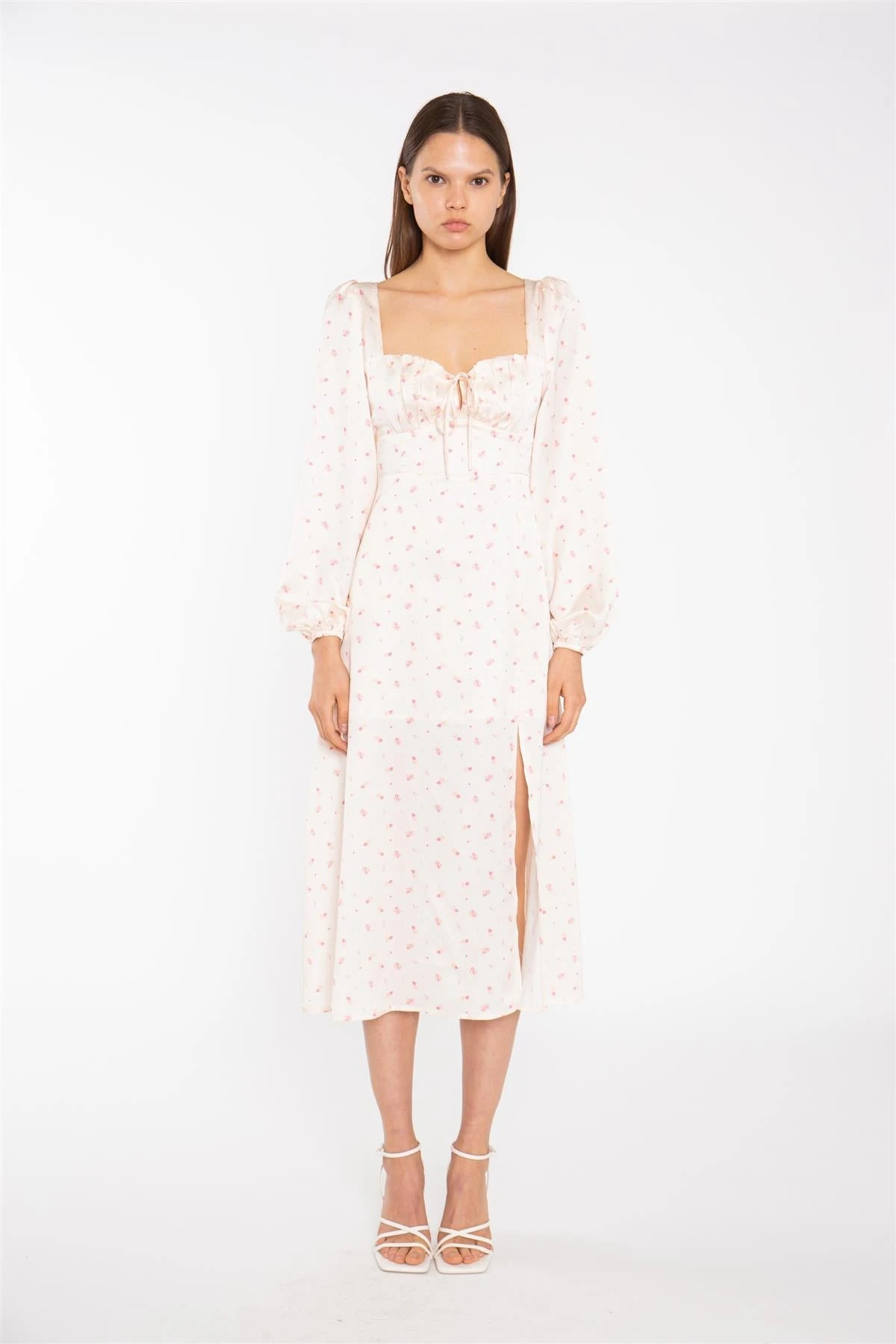 Glamorous Peach-Pink Daisy Milkmaid Midi-Dress 3 Glamorous Peach-Pink Daisy Milkmaid Midi-Dress
