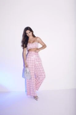 Glamorous Cher Co-ord Ruched Waist Trousers - Pink Check Sequin