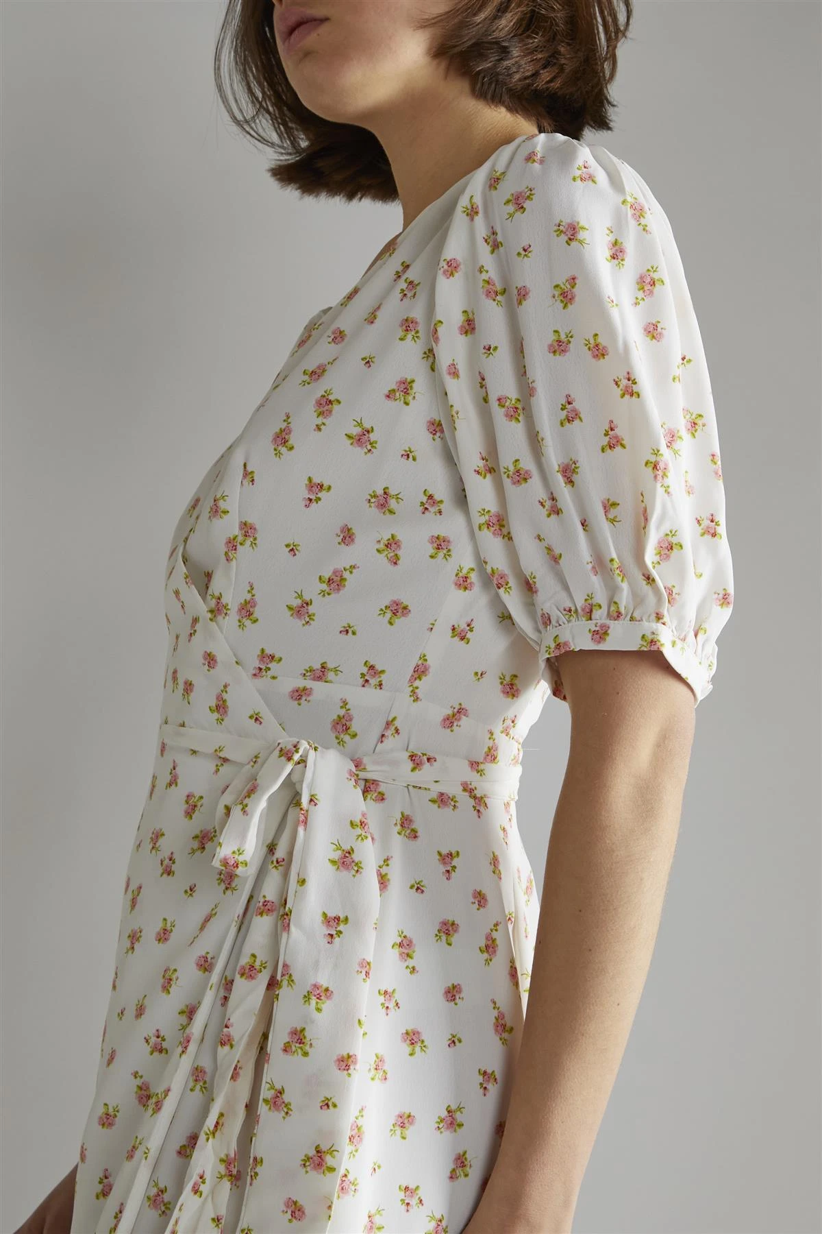 Glamorous White Pink Ditsy V-neck Wrap Midi-Dress 5 Glamorous White Pink Ditsy V-neck Wrap Midi-Dress - Image 3