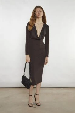 Glamorous Bitter-Chocolate Plunging-Cowl Midi-Dress