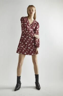 Glamorous Burgundy-Floral Wrap Mini-Dress