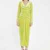 Glamorous Lime-Green Velvet Ruched-Front Midi-Dress