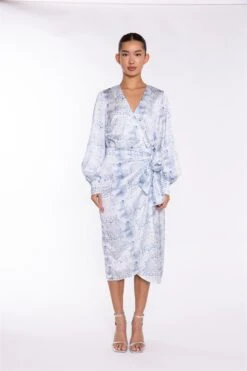 Glamorous White-Blue Animal Wrap Midi-Dress