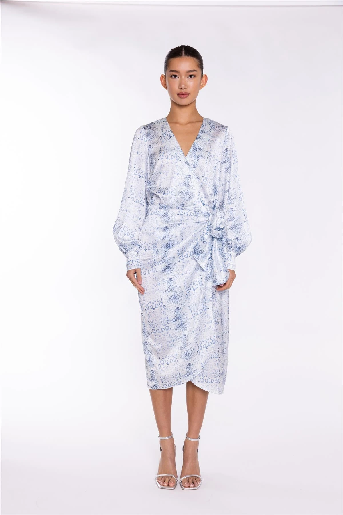 Glamorous White-Blue Animal Wrap Midi-Dress 3 Glamorous White-Blue Animal Wrap Midi-Dress