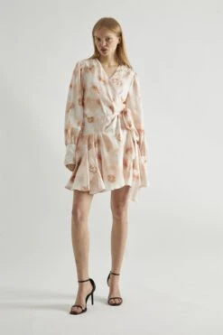 Glamorous Peach-Watercolour Wrap Mini-dress