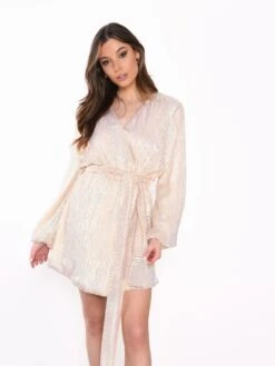 Glamorous Nude Iridescent Sequin Tie Waist Wrap Mini Dress -Glamorous Shop 6ab43bd98ef9916086b232a3fe4e3c7b