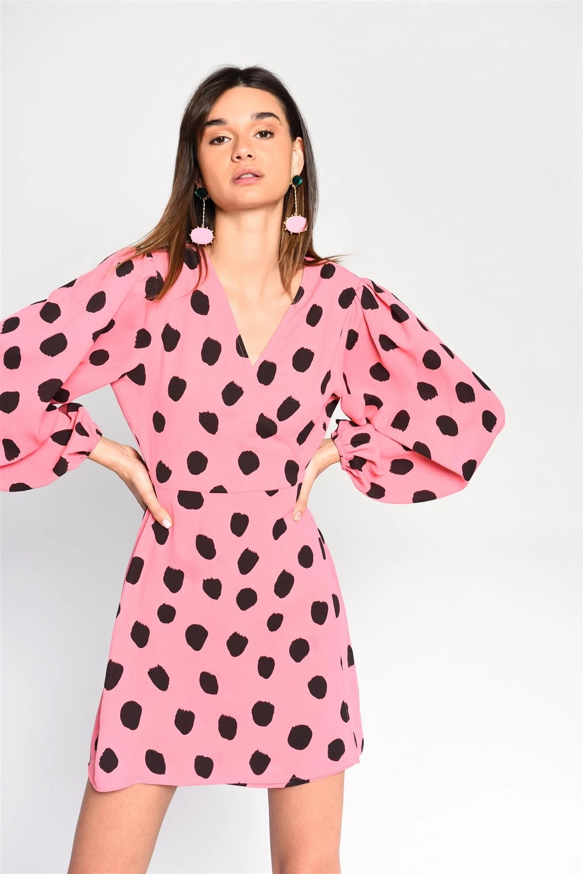 Glamorous Pink Black Messy Spot V-Neck Mini-Dress 5 Glamorous Pink Black Messy Spot V-Neck Mini-Dress - Image 3