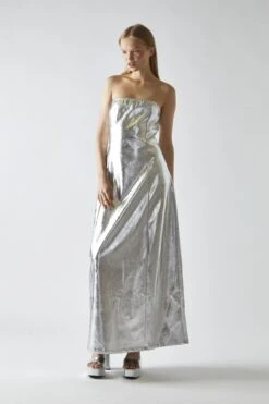 Glamorous Silver-PU Bandeau Maxi-Dress