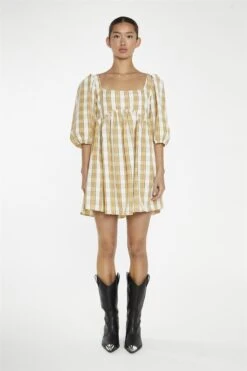 Glamorous Beige-Cream Check Square-Neck Smock Mini-Dress