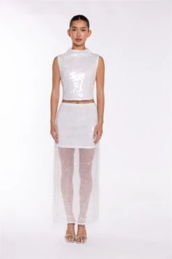 Glamorous Transparent-Sequin Boat-Neck Crop-Top