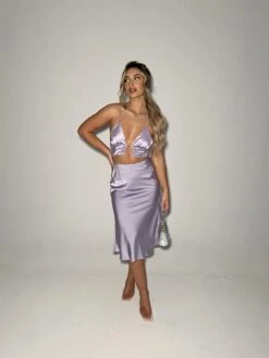 Glamorous Lilac-Satin Bias-Cut Midi-skirt