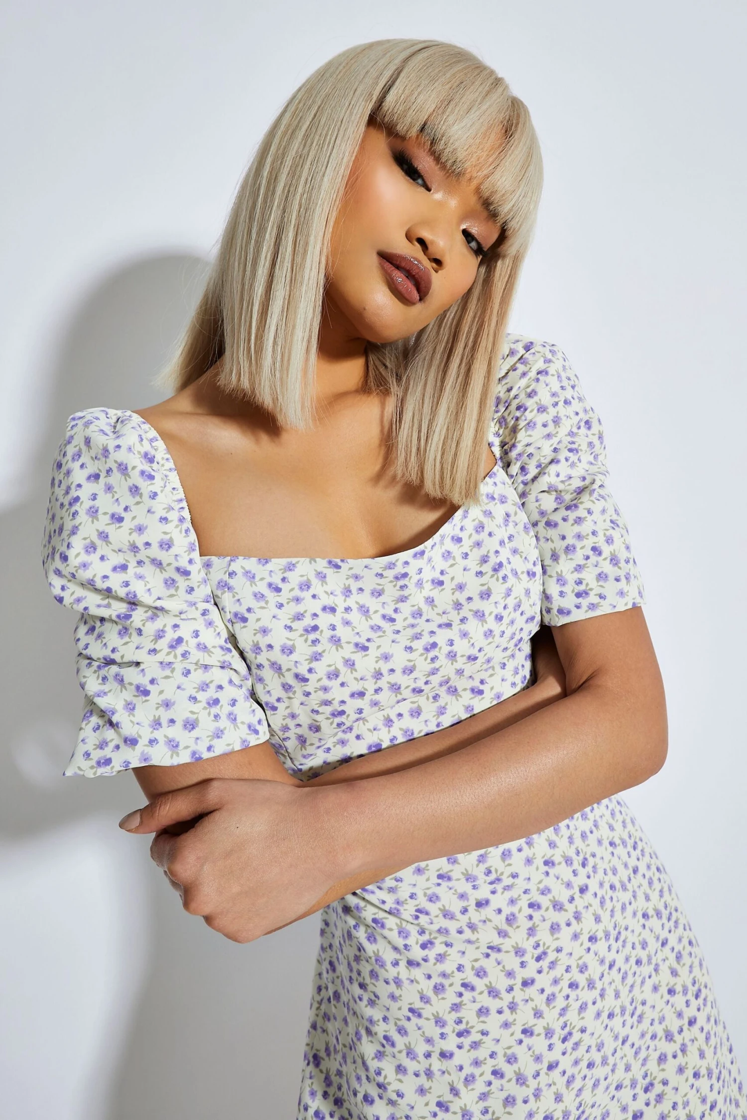 Glamorous Purple Floral Ditsy Bardot Puff Shoulder Mini Dress 5 Glamorous Purple Floral Ditsy Bardot Puff Shoulder Mini Dress - Image 3