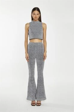 Glamorous Silver-Sequin Plisse Flared-Trousers