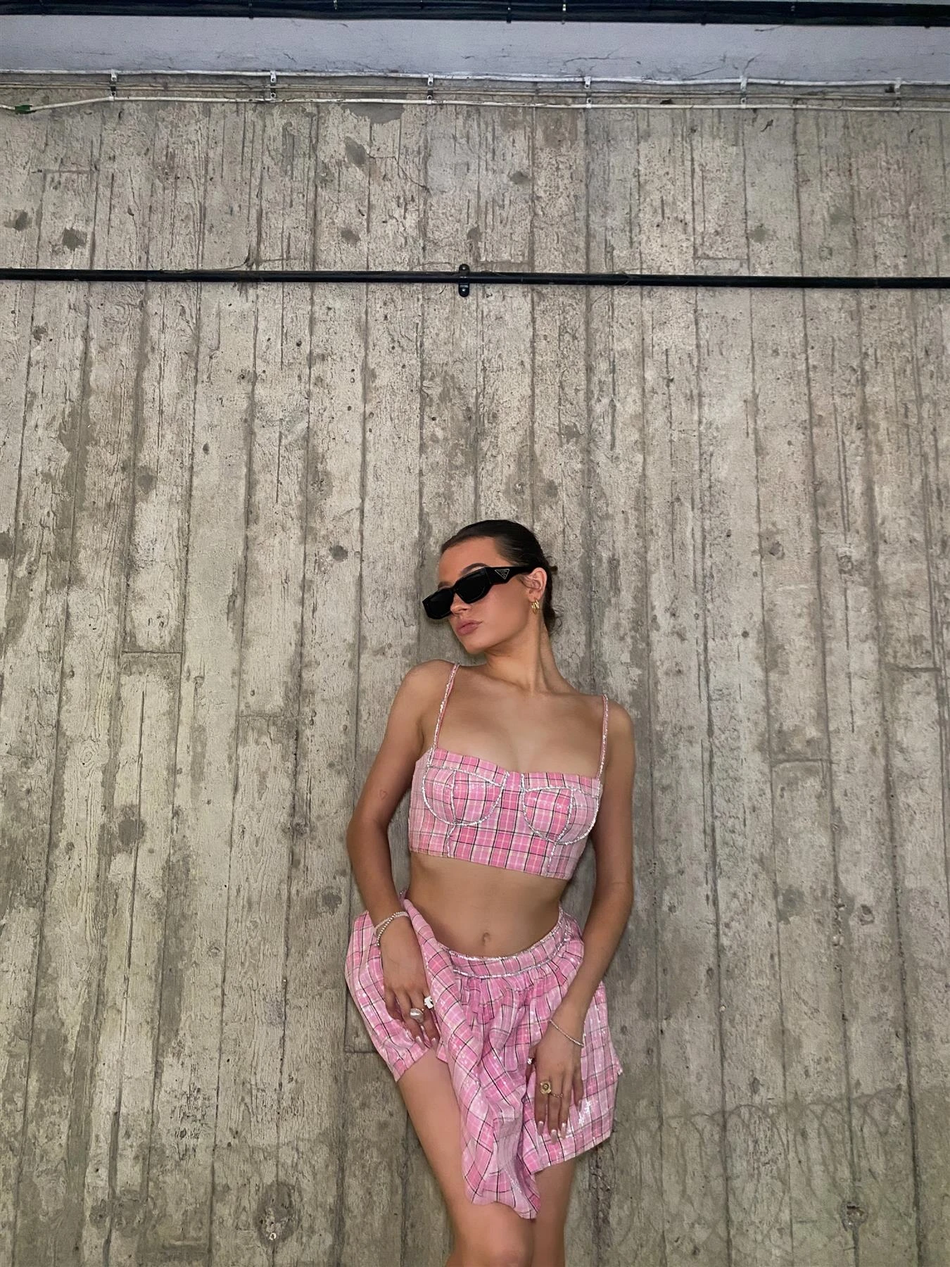 Glamorous Cher Co-ord Diamante Trim Skater Mini Skirt - Pink Check Sequin 9 Glamorous Cher Co-ord Diamante Trim Skater Mini Skirt - Pink Check Sequin - Image 7