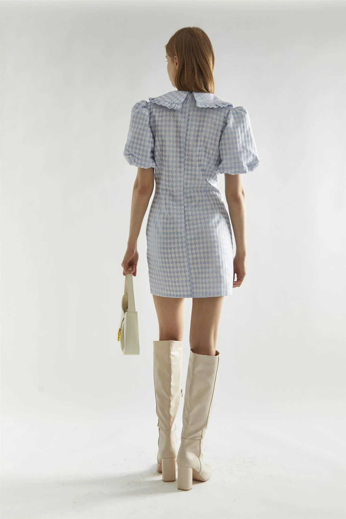 Glamorous Light-Blue Houndstooth Statement-Collar Mini-Dress 4 Glamorous Light-Blue Houndstooth Statement-Collar Mini-Dress - Image 2