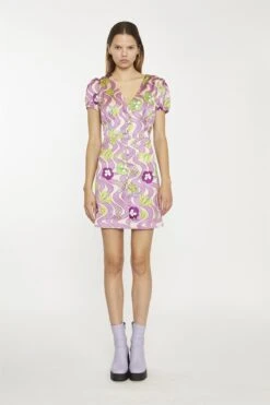 Glamorous Purple-Swirl-Floral V-Neck-Button-Up Mini-dress