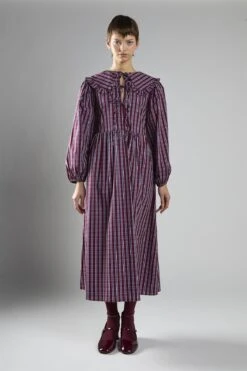 Glamorous Burgundy-Navy-Check Tie-Front Midi-Dress