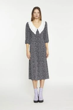 Glamorous Black-Mini-Leopard-White Contrast-Collar Midi-Dress